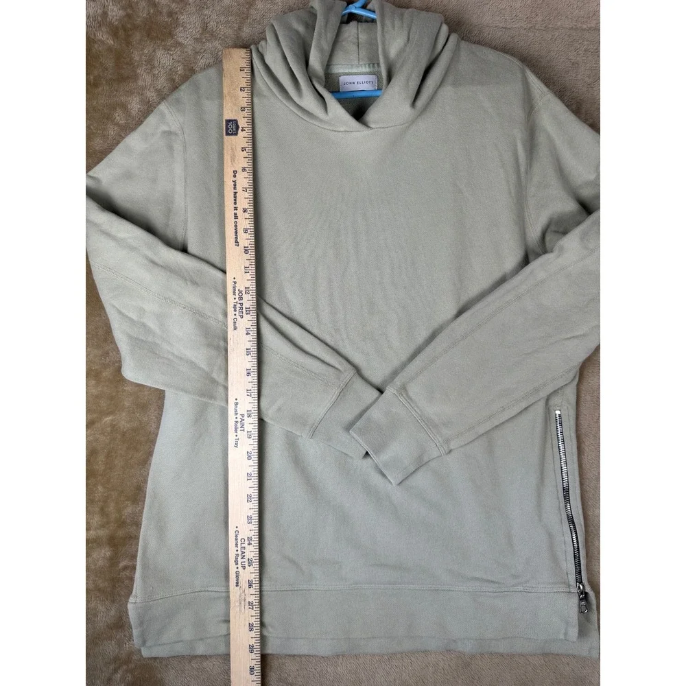 John Elliott Men Villain Side Zip Hoodie Sage Green Cotton French Terry Made USA